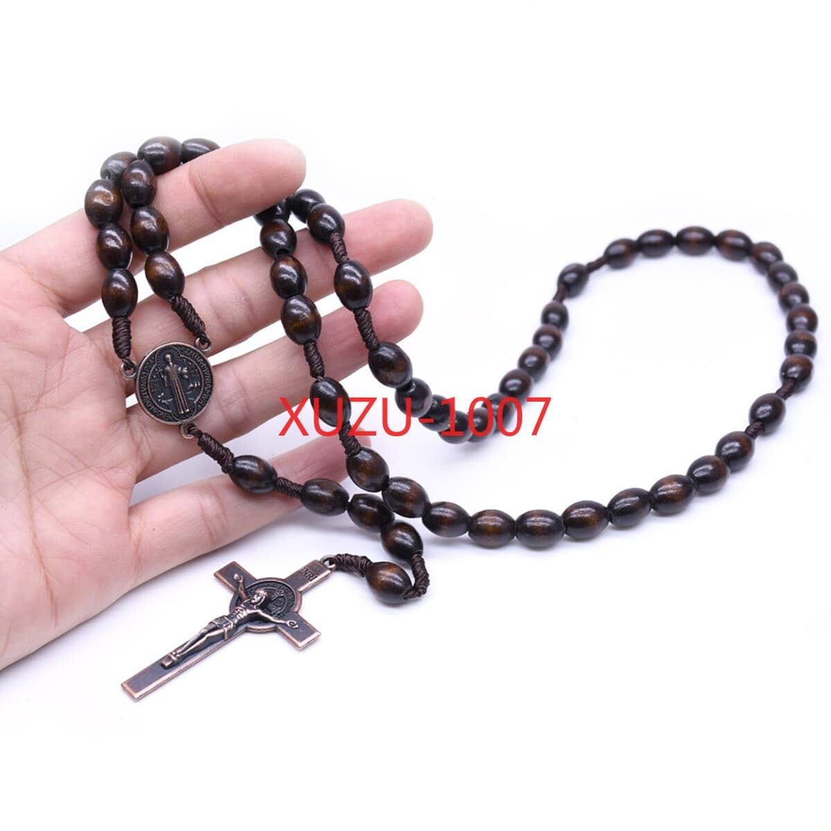 Saint St Benedict Wood Beads Rosary Prayer Crucifix Cross Jerusalem Deep Brown 4
