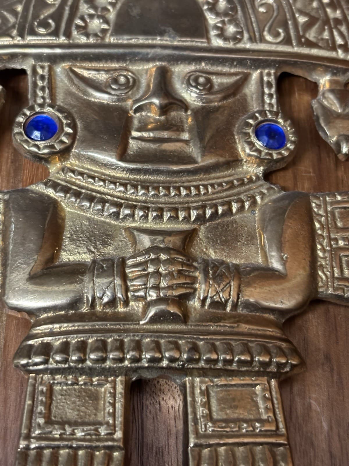 Vtg Brass Peru Peruvian Inca Tumi Ceremonial Hanging Wall Art Blue Rhinestones 2