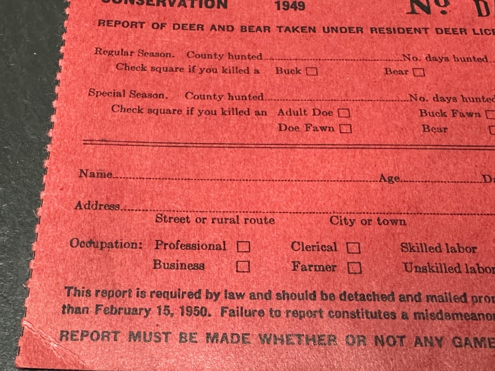 1949 MICHIGAN DEPARTMENT OF CONSERVATION DEER & BEAR TAKEN FORM FP369 5