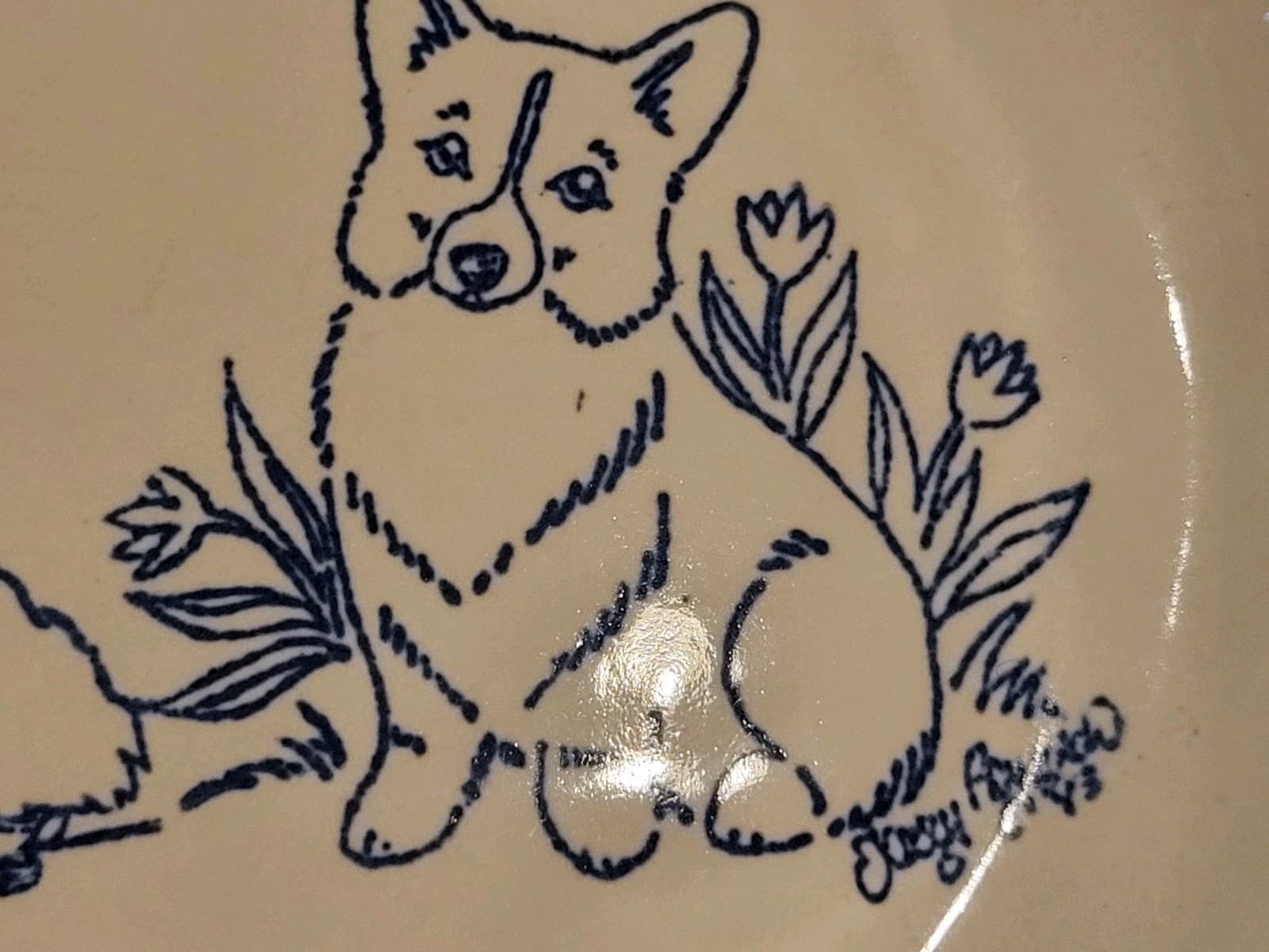 Corgi Louisville Stoneware  Corgi Dogs Signed Tulips Flowers Serving Dish 3