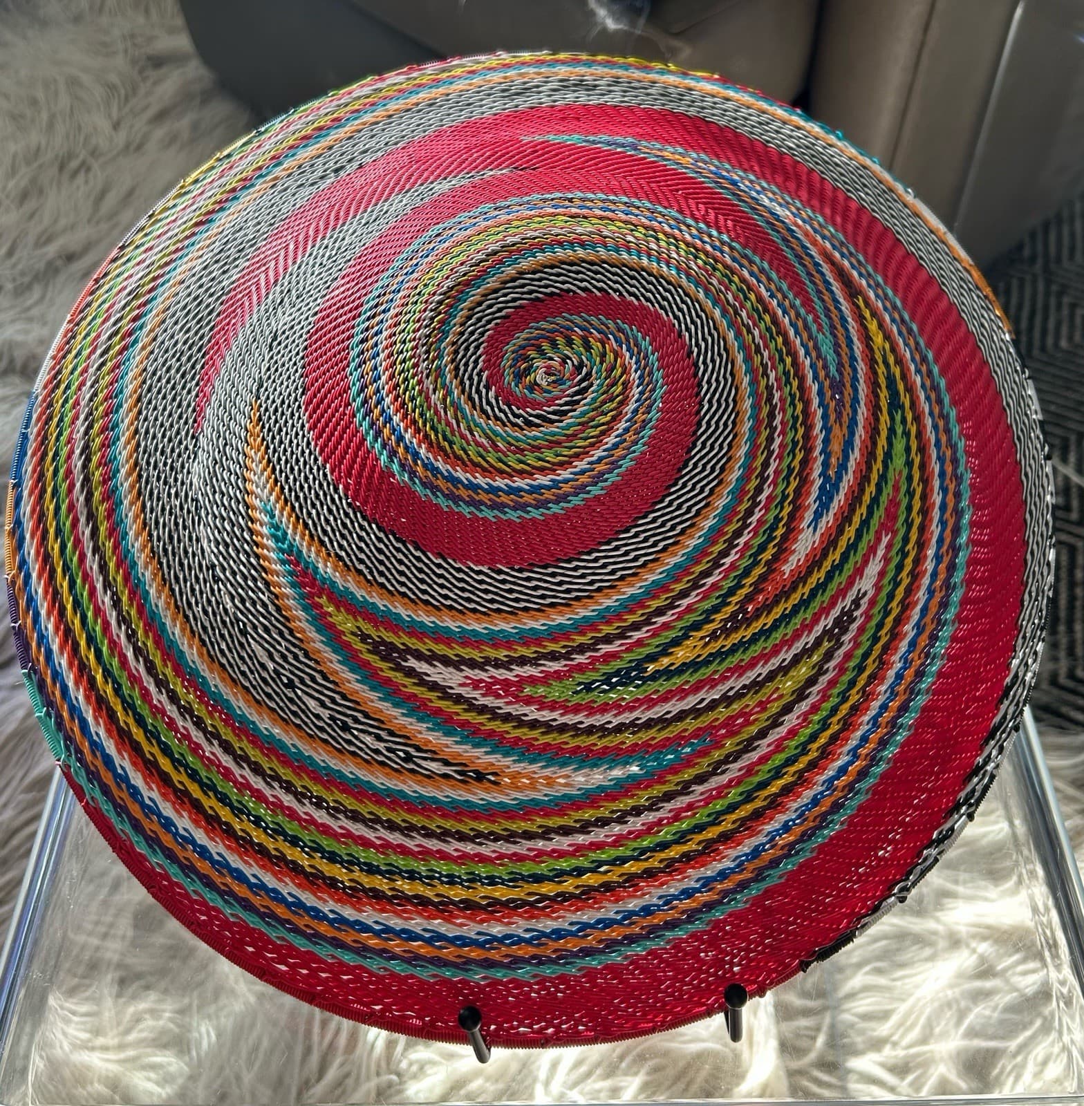 South African Zulu Woven Telephone Wire Basket 12 Color Spiral Design, 14.5 inch 2