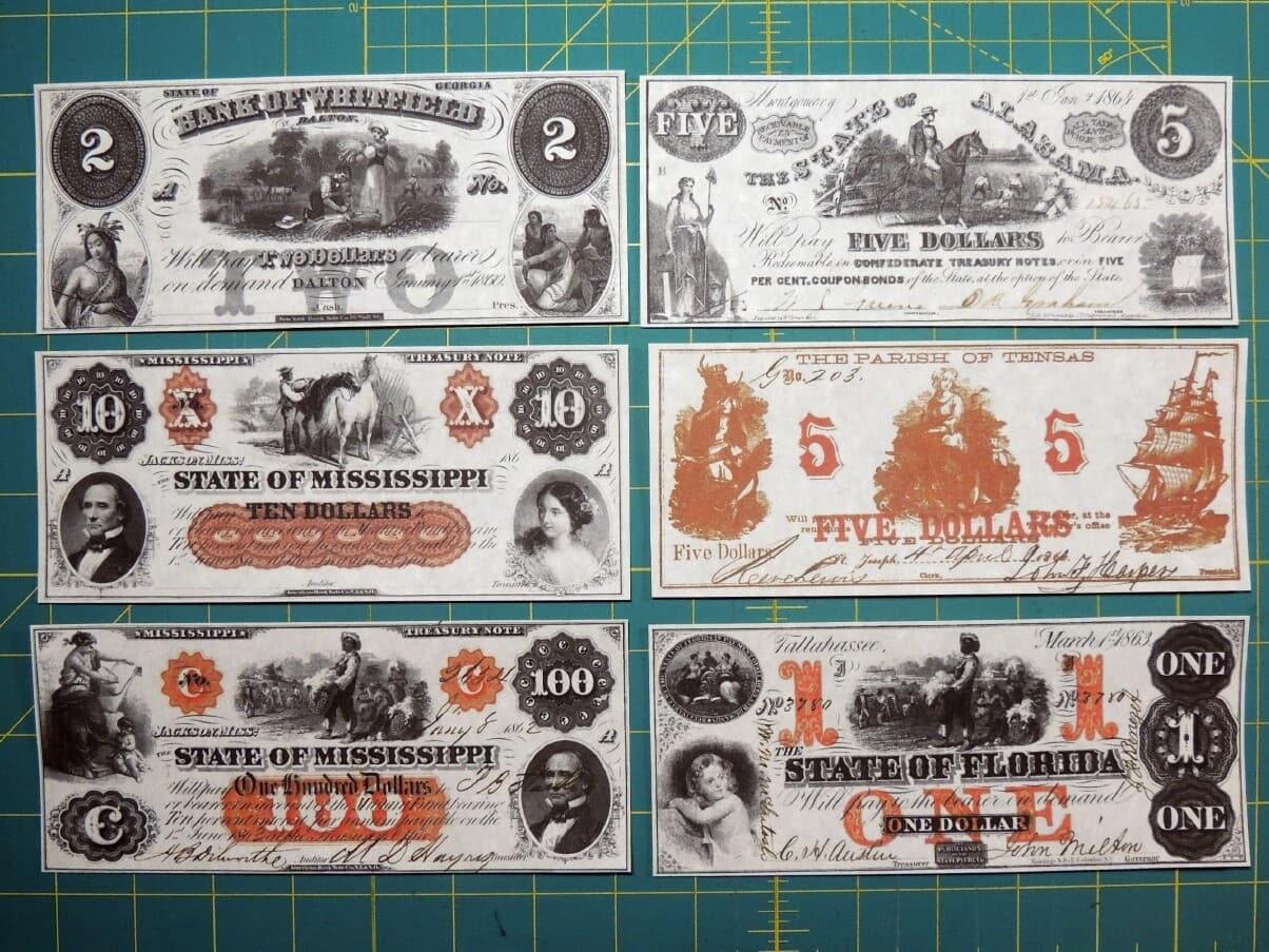 Reproduction Obsolete Bank Notes: Civil War Era 6 Various CSA States Set #2