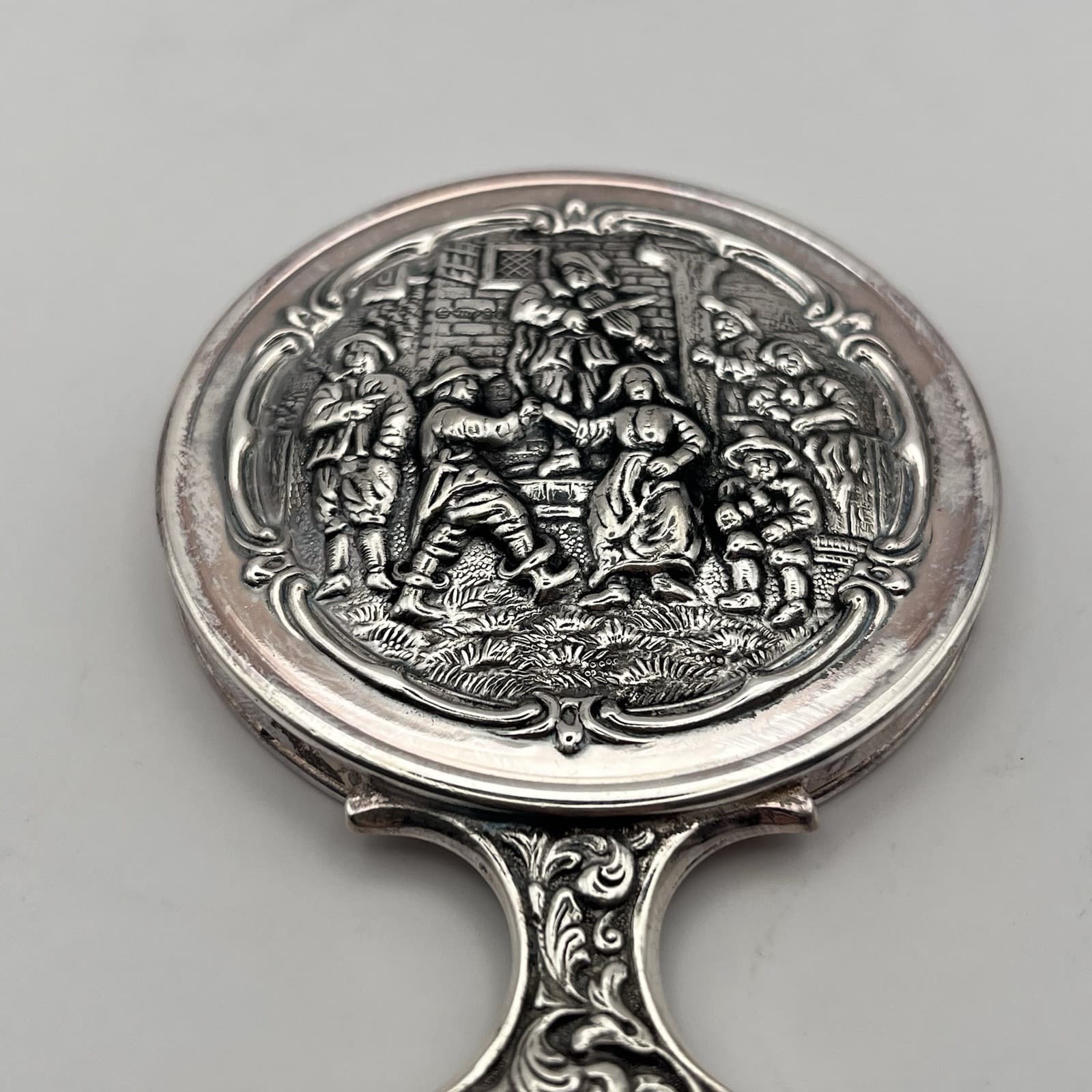 Antique Dutch Silver Hand Mirror With Repoussé Dancing Musicians Scene 2