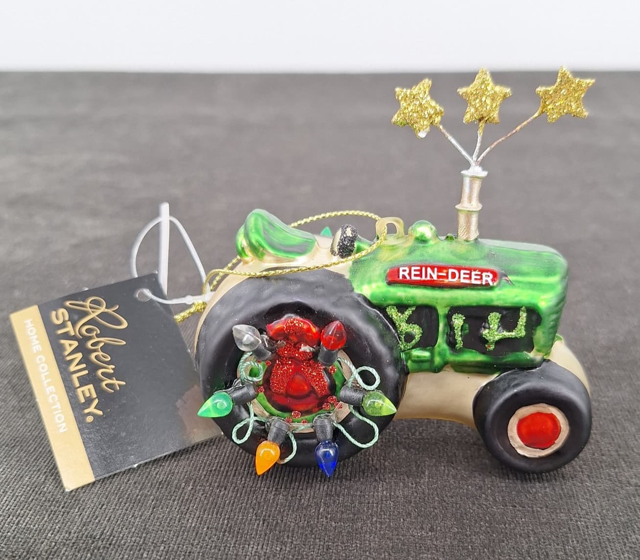 Reindeer Tractor Christmas Tree Ornament Glass Blown
