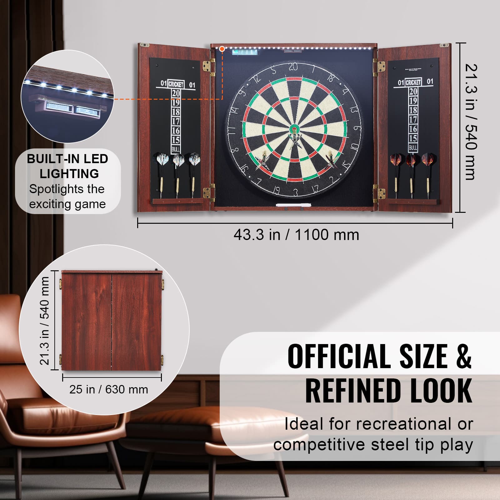 Uimoso LED Dartboard and Cabinet Set Official Size Complete Steel Tip Dart 2