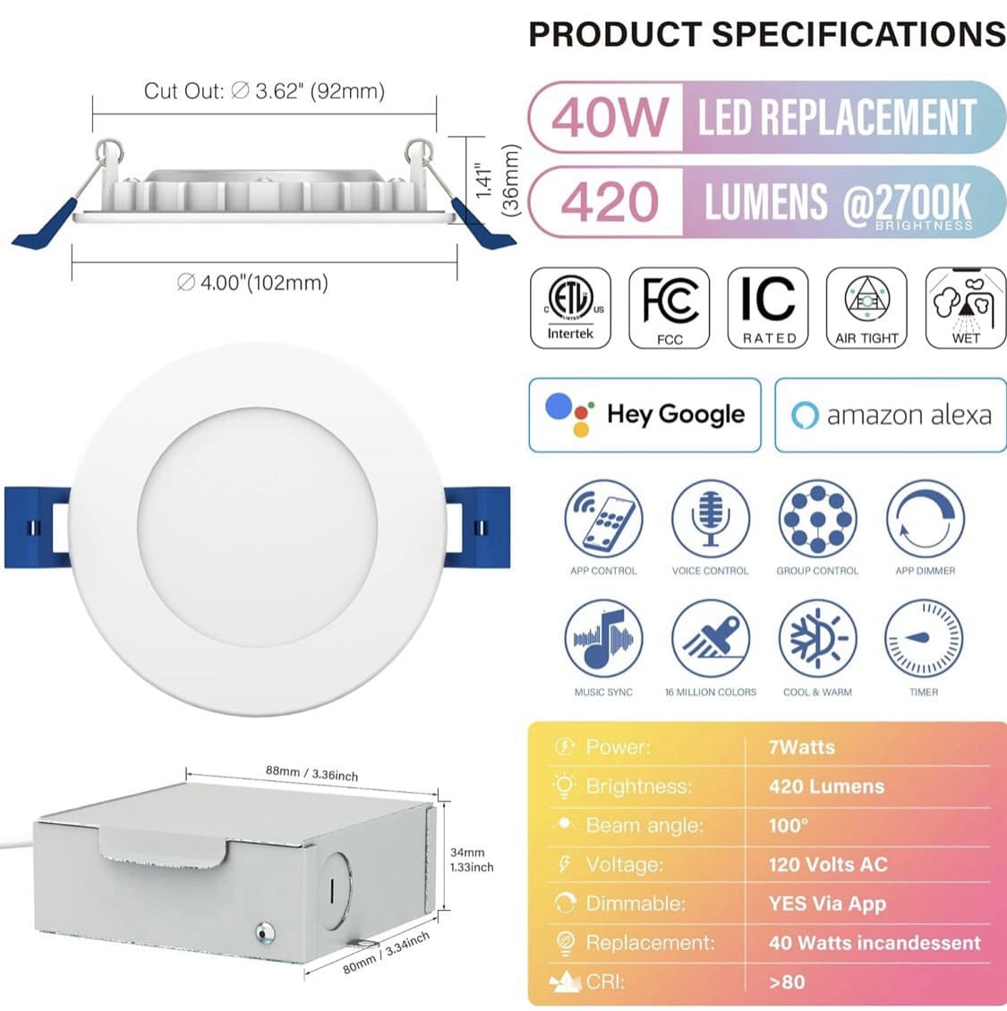 3" LED Recessed Canless Smart Wafer Downlight, WiFi APP & Voice Control 2