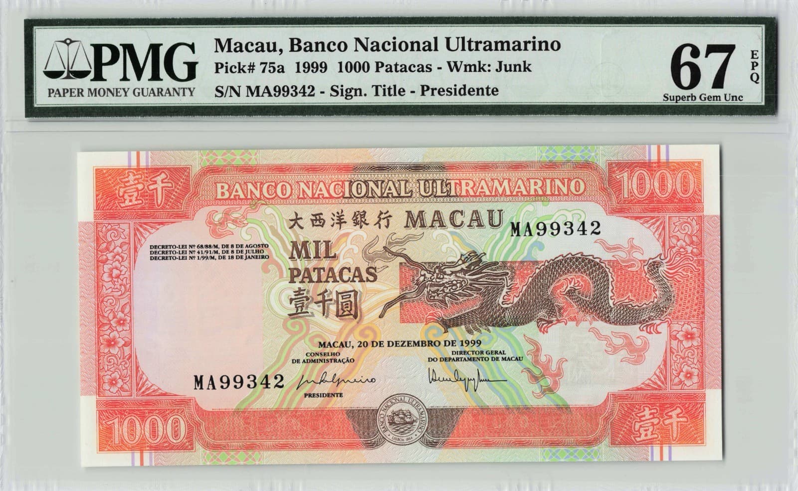 Macau, Banco Nacional Ultramarino 1999, P-75a 1000 Patacas, PMG Graded 67