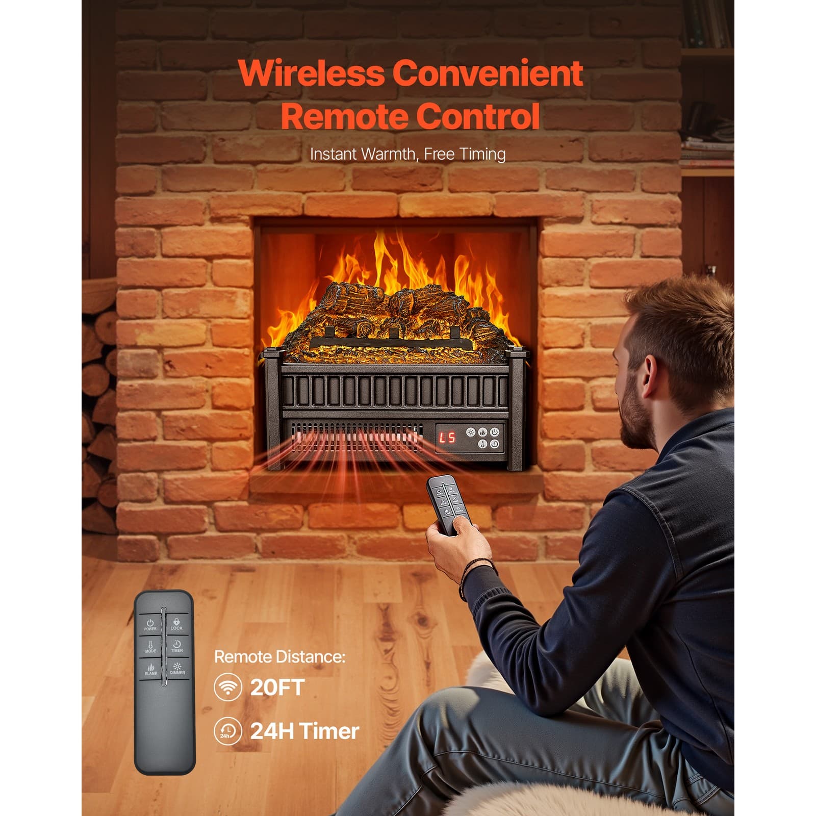 16 Inch Electric Fireplace Log Heater with Remote 5 Flame Brightness Timer 5