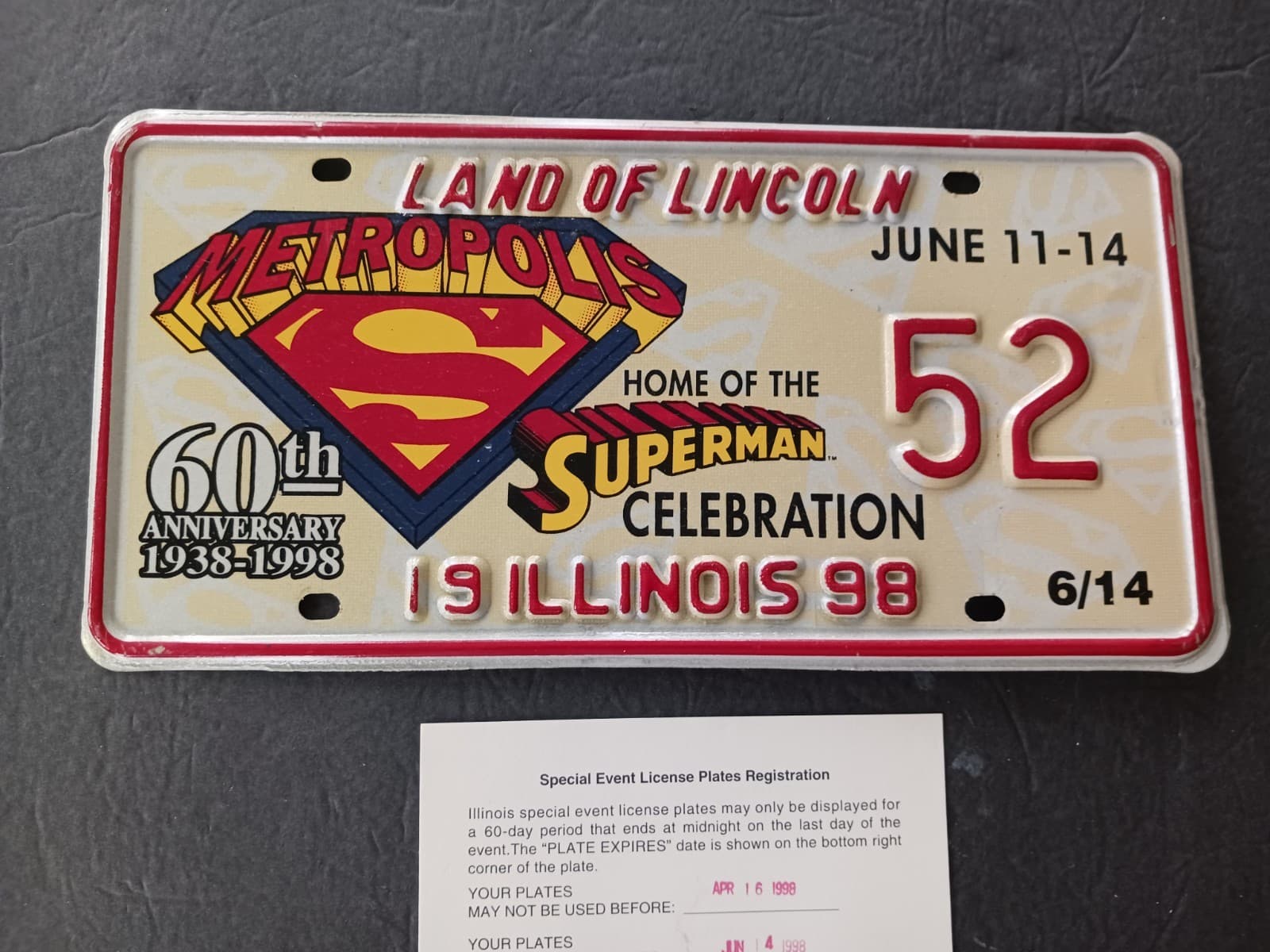 1998 Superman Celebration Illinois License Plate 52 Special Event Plates Pair 4