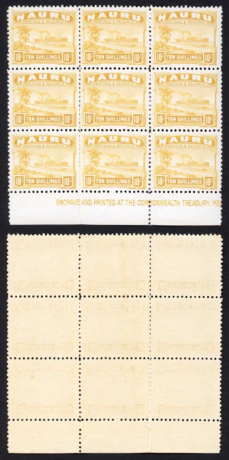 Nauru SG39B 10/- Shiny White Paper U/M Imprint Block Top Value Cat 765++ pounds