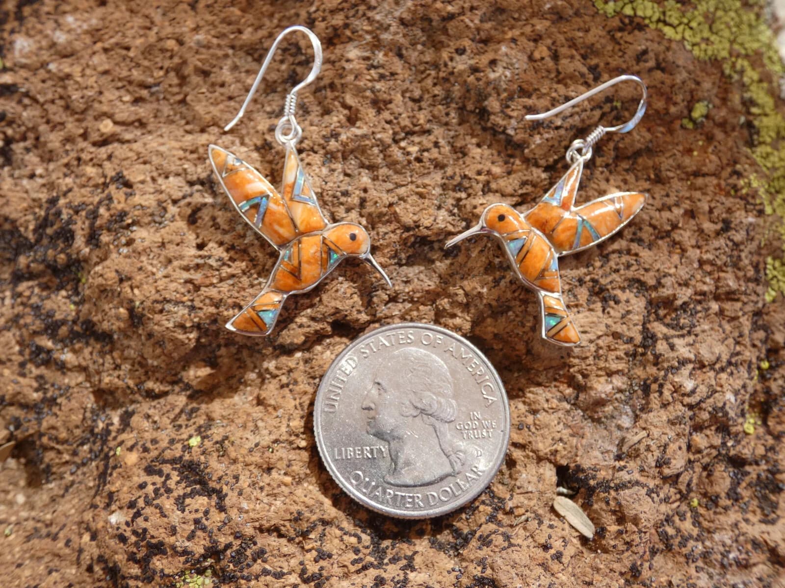 Hummingbird Sterling Silver 925 Nice Spiny Oyster & Opal Inlayed Earrings U24 4