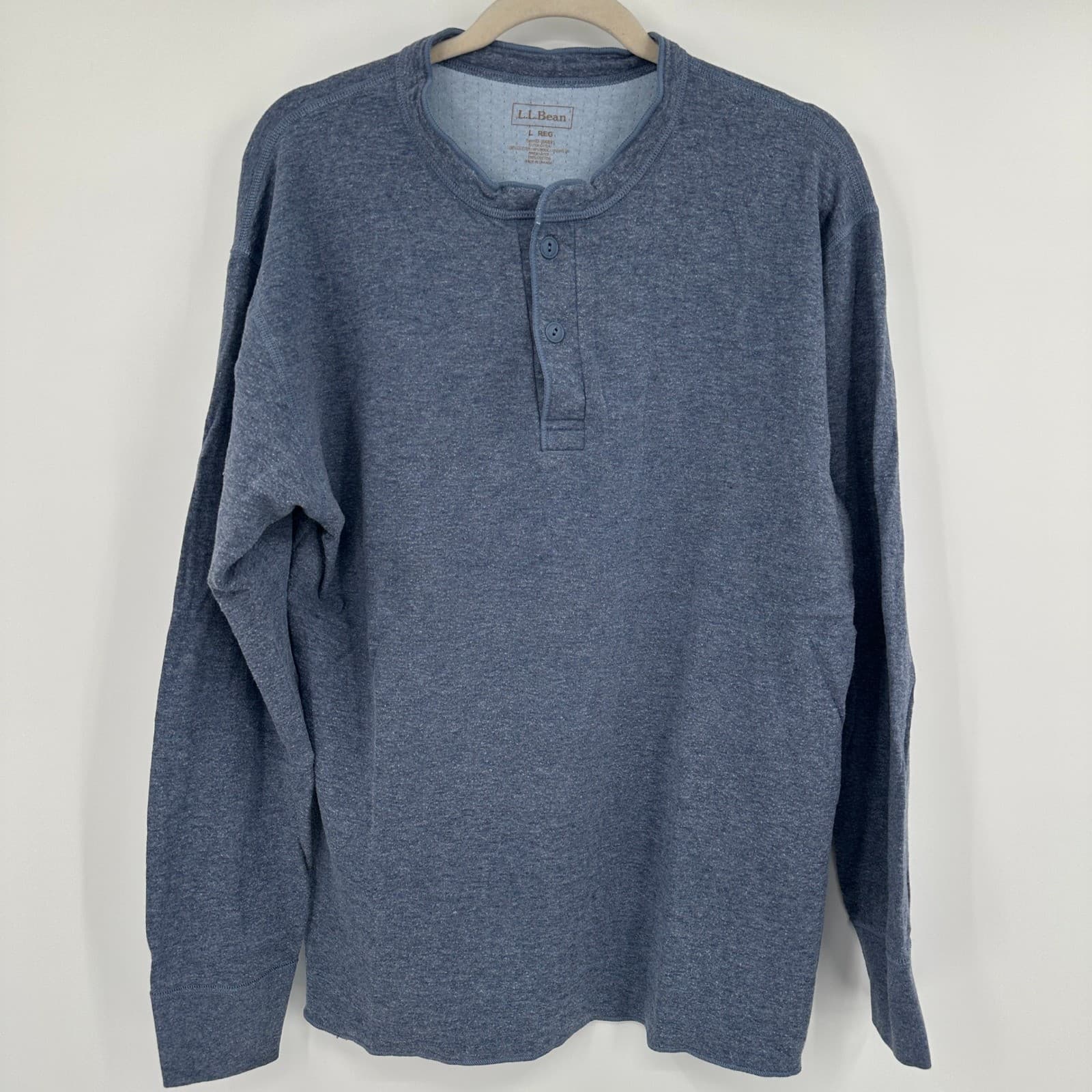L.L.Bean Mens Henley Shirt Long Sleeve Blue Outer Layer Wool Blend Size Large 4