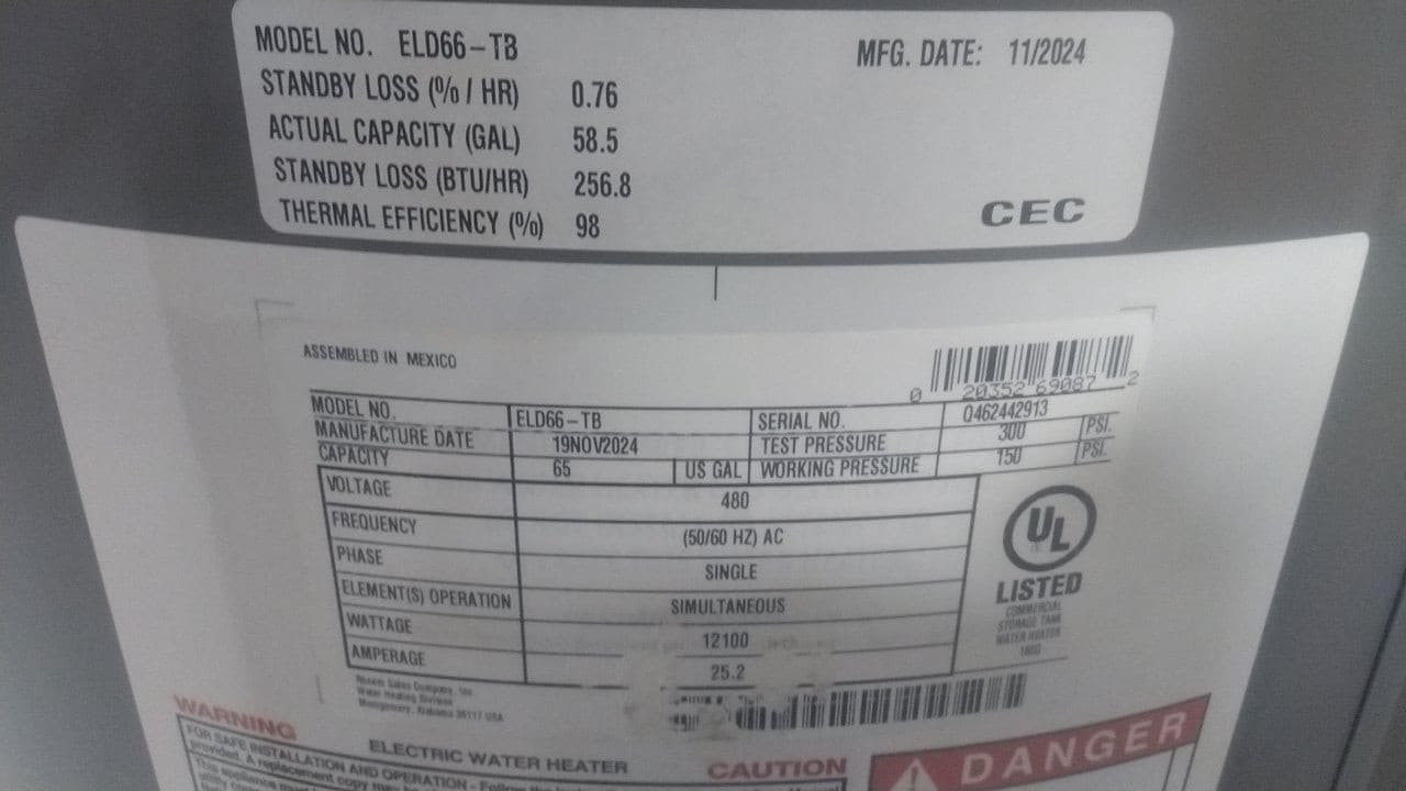Rheem ELD66-TB 480V 58.5 Gal Tank Capacity 480VAC Electric Water Heater 2