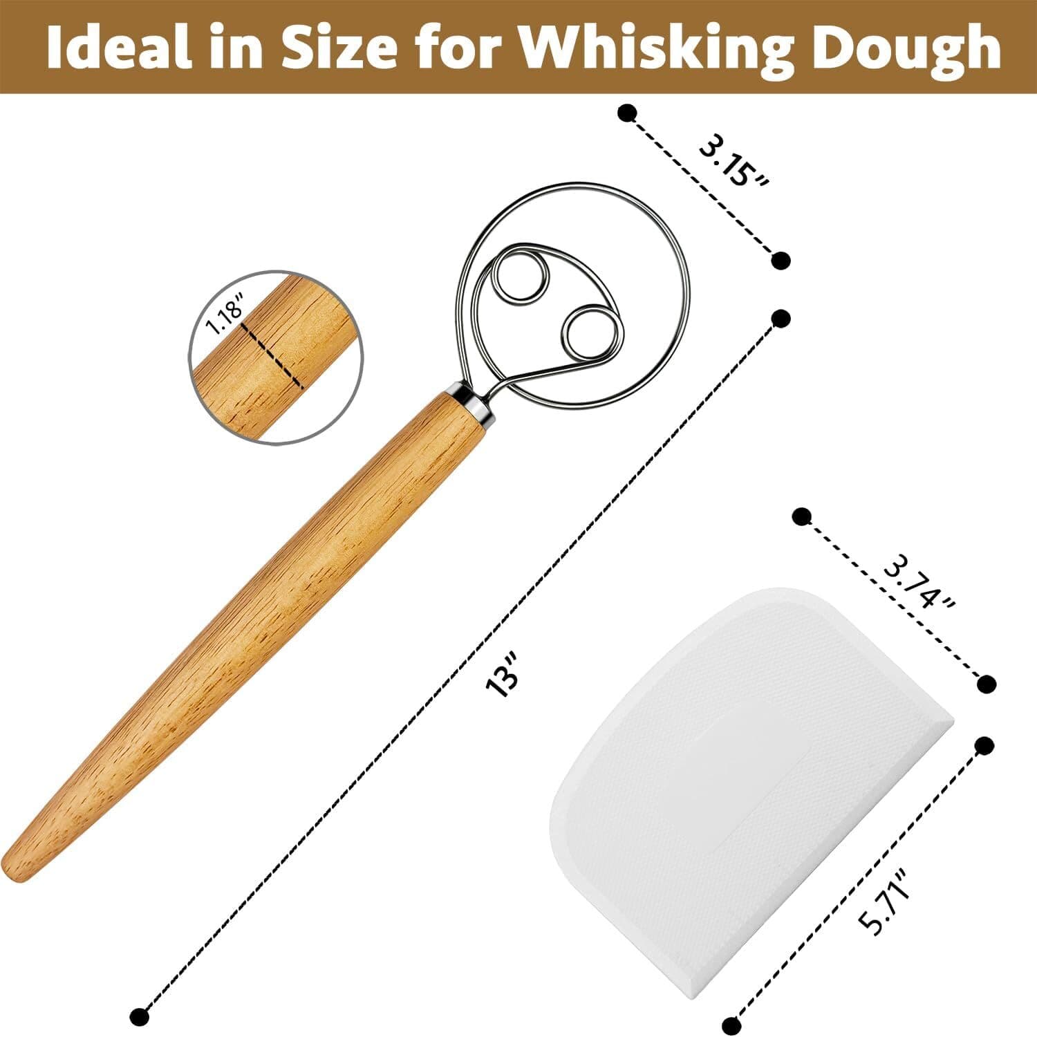13-Inch Danish Dough Whisk and Scraper, Wooden Danish Whisks for Dough with 2