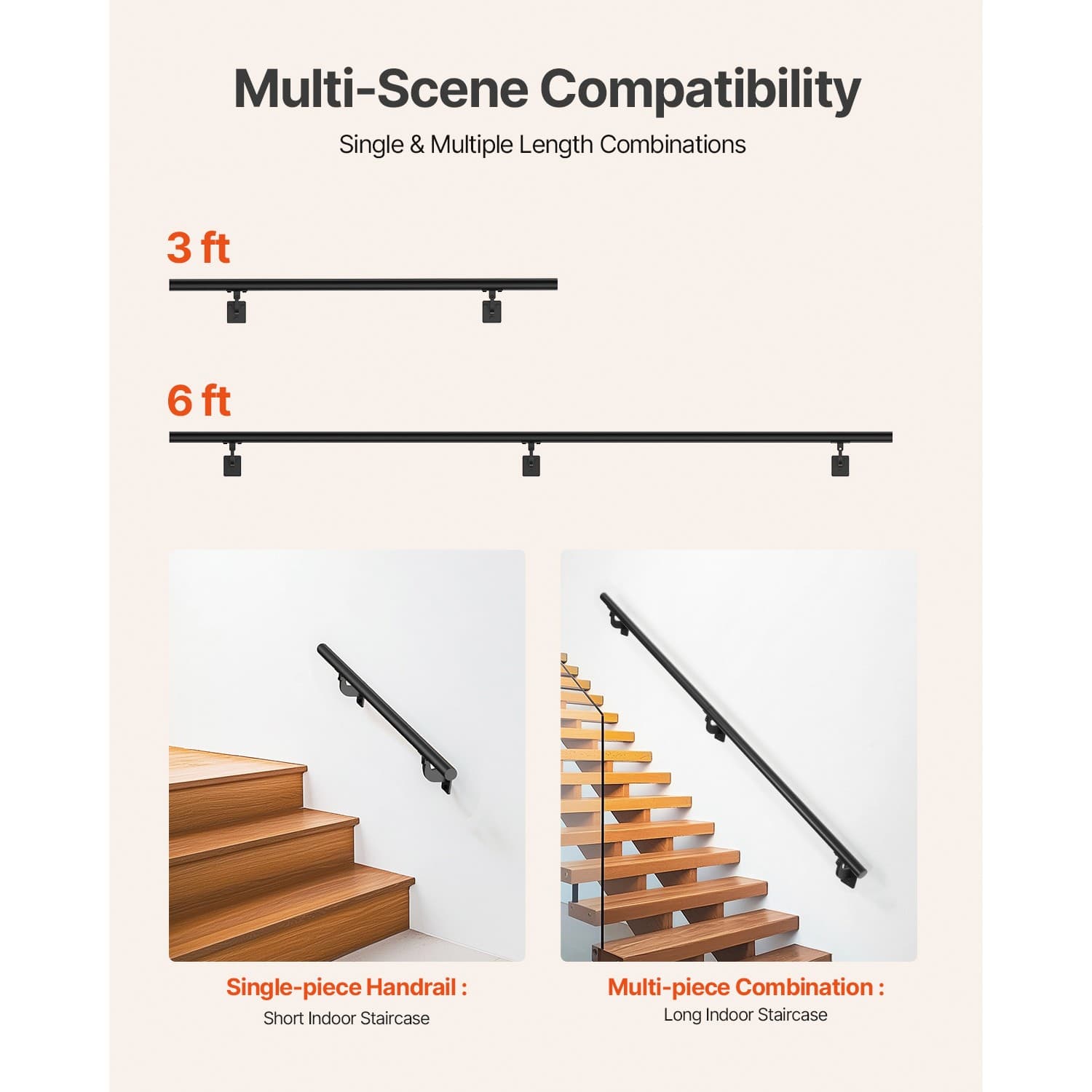 Uimoso 6ft Black Aluminum Stair Handrail Wall-Mounted for Indoor and Outdoor 5