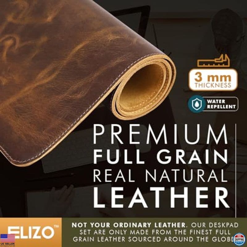 ELIZO Leather Desk Pad Mat 31x15.6" Thick 3mm Double Layer Blotter Protector 3