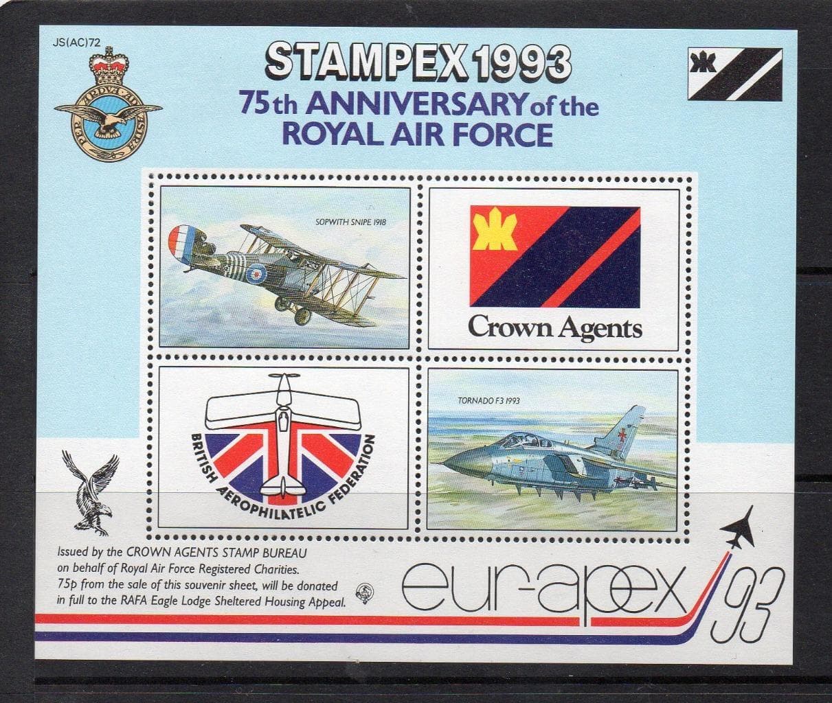 GB MNH 1993 STAMPEX 93 75TH ANV OF RAF (GB CROWN AGENTS SHEET)