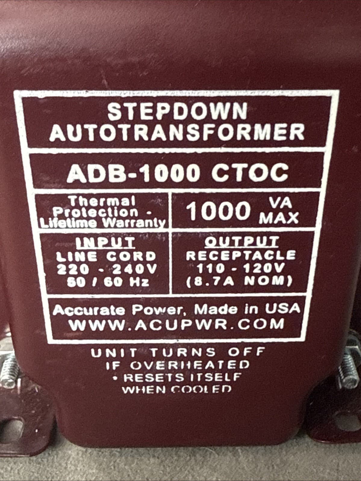 ACUPWR Stepdown AutoTransformer ADB-1000 CTOC 4