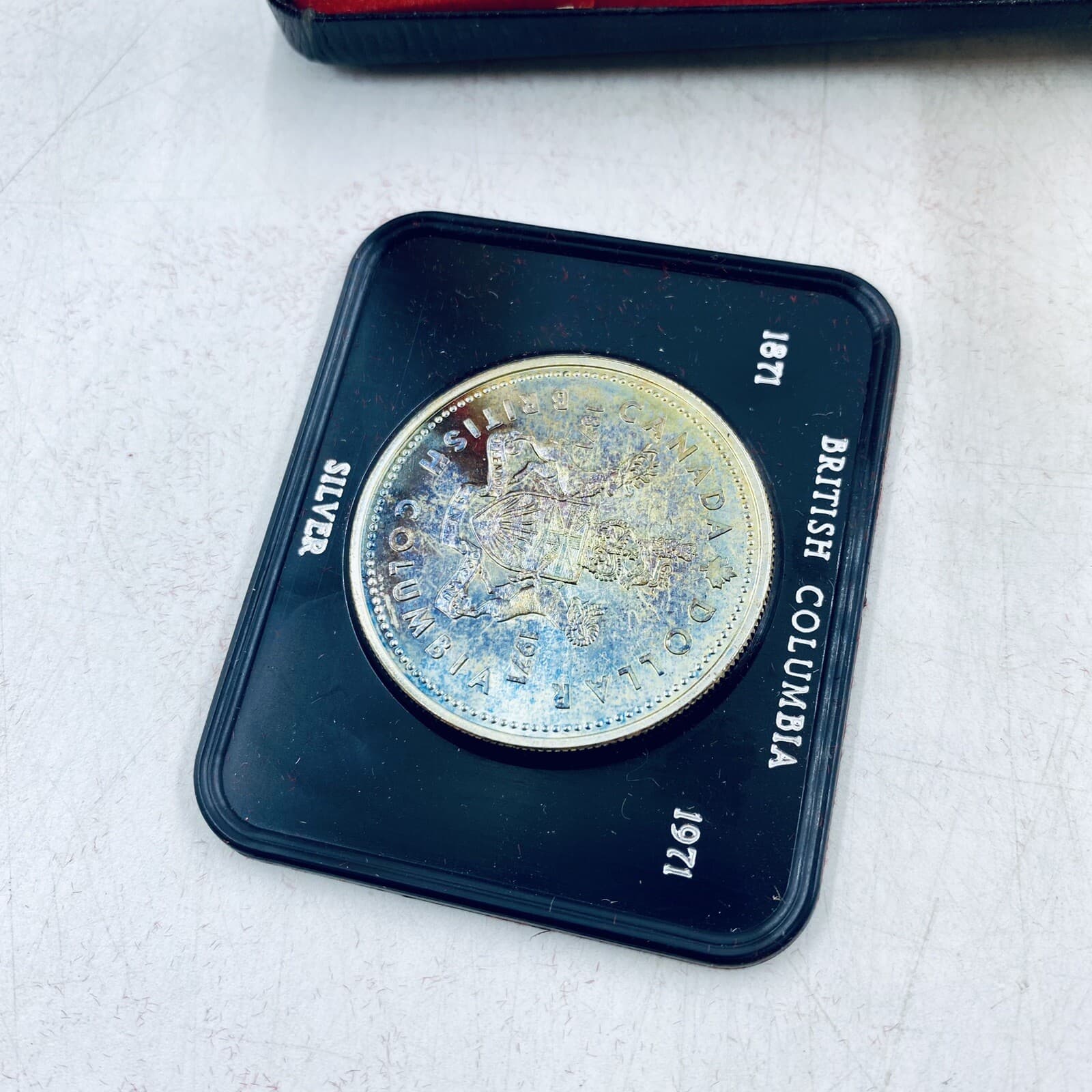 1971 Canada $1 British Columbia Silver Dollar KILLER RAINBOW TONING W/ Case #11 3