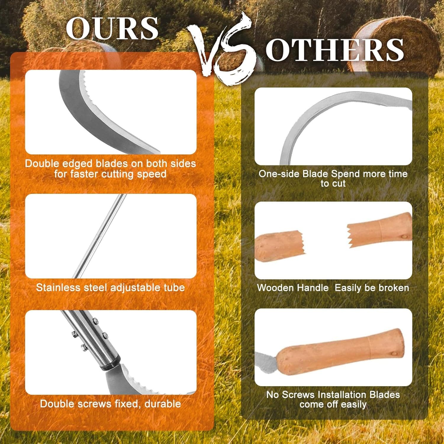 Weeding Sickle,Stainless Steel Long Handle Double Serrated Blade Grass Sickle,St 4