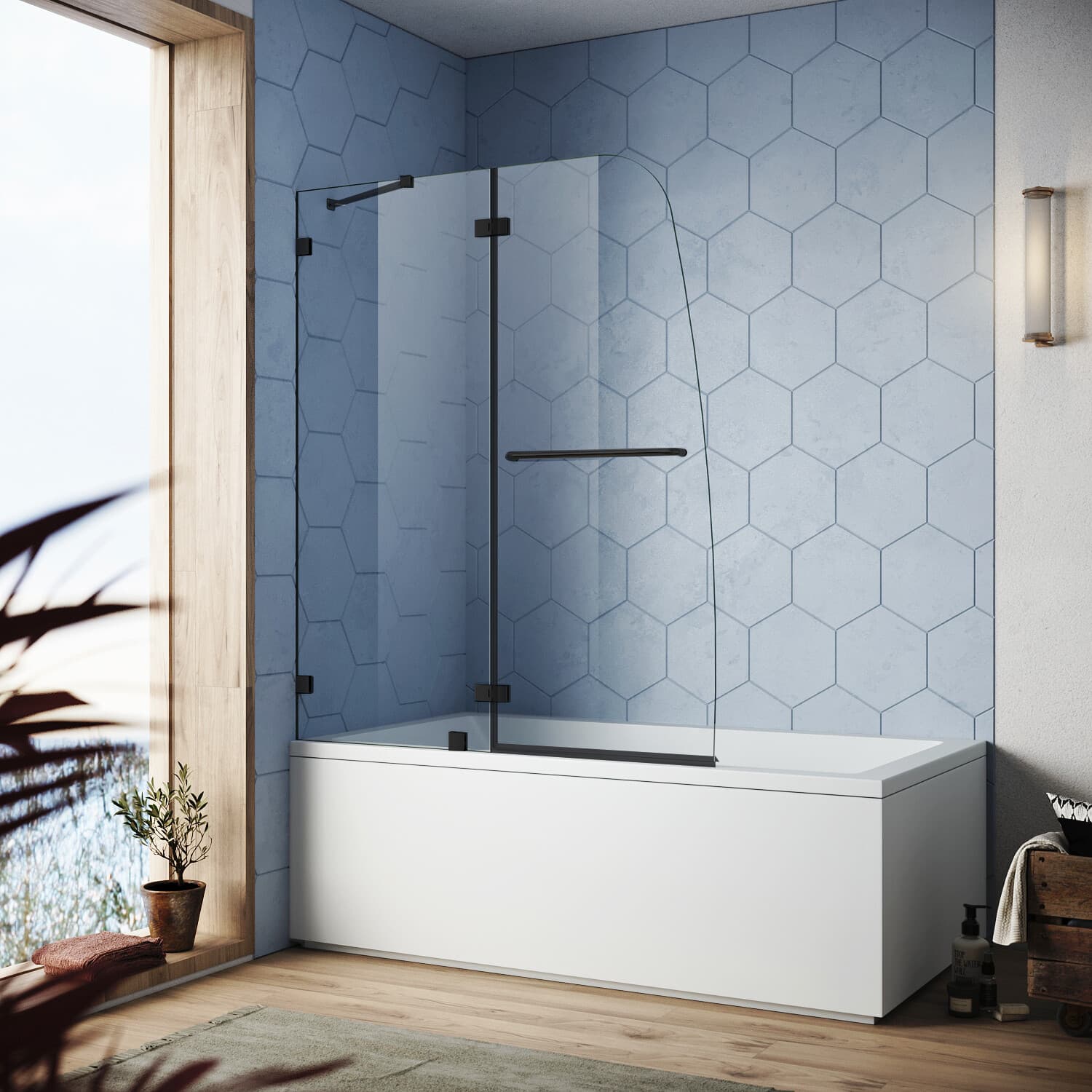 SUNNY Frameless Pivot Hinged Shower Tub Door Glass Panel Screen Black Finish 3