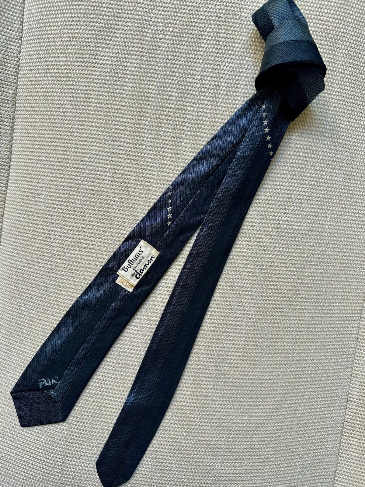 Vtg 1950s Damon California navy/grey silk stars midcentury skinny necktie 5