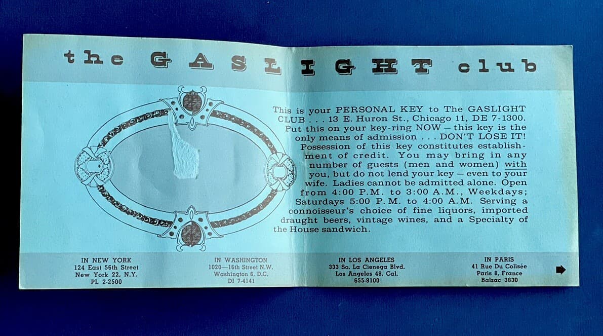 VTG GASLIGHT CLUB KEY CARD RULES (no Key) PARIS-NYC-CHGO-LA-DC 2
