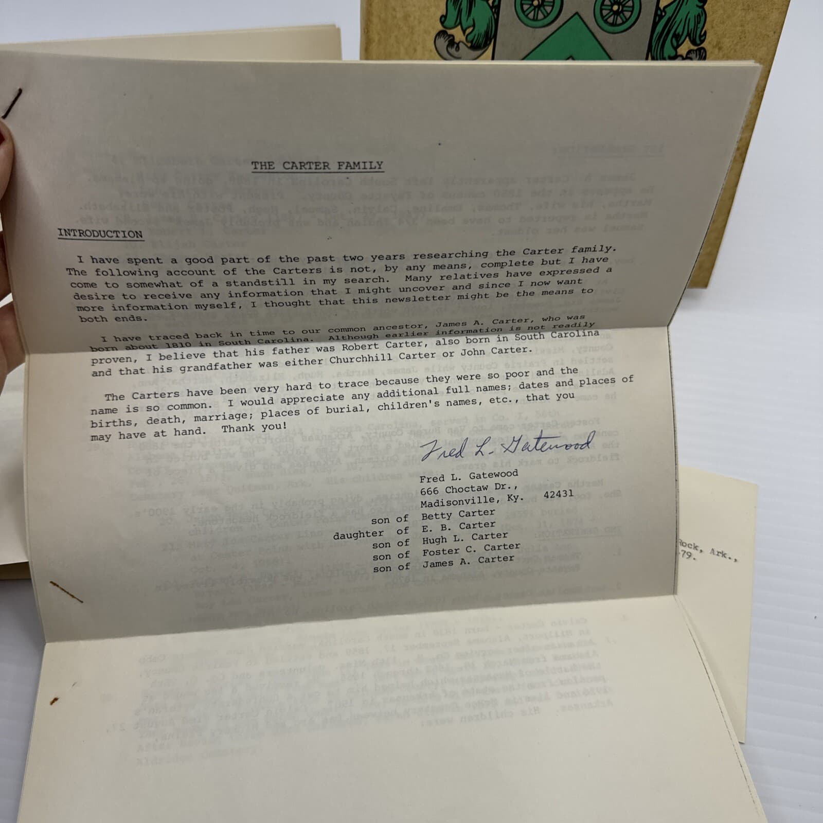 A History of the Carter Family 1972 HC American Genealogical Research  w/Papers 2