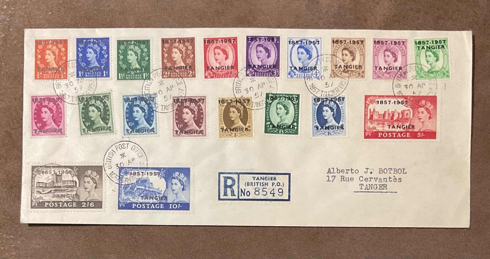 1957 QE II GB TANGIER MOROCCO SC 592-611 SG 323-342 OVPT 20v complete set cover 2