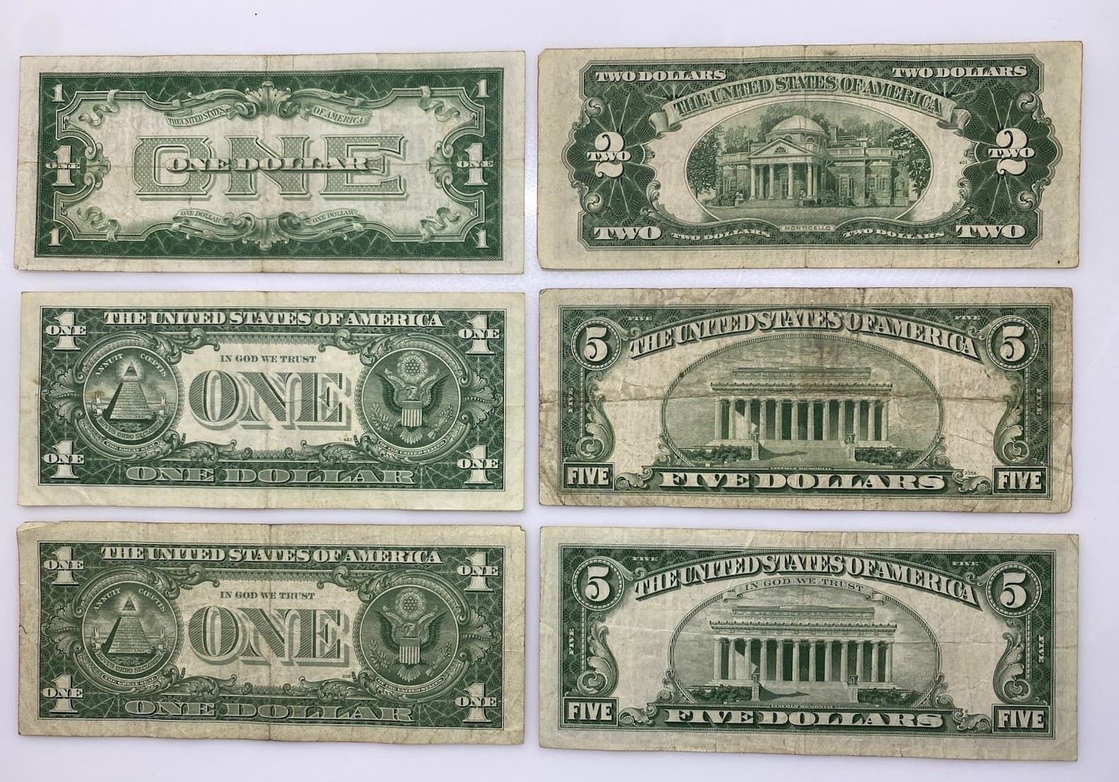 Lot of 6 Notes: 1928A ‘Funnyback’, 1957B $1, 1957 *$1, 1953 $2, 1953 $5, 1963 $5 4