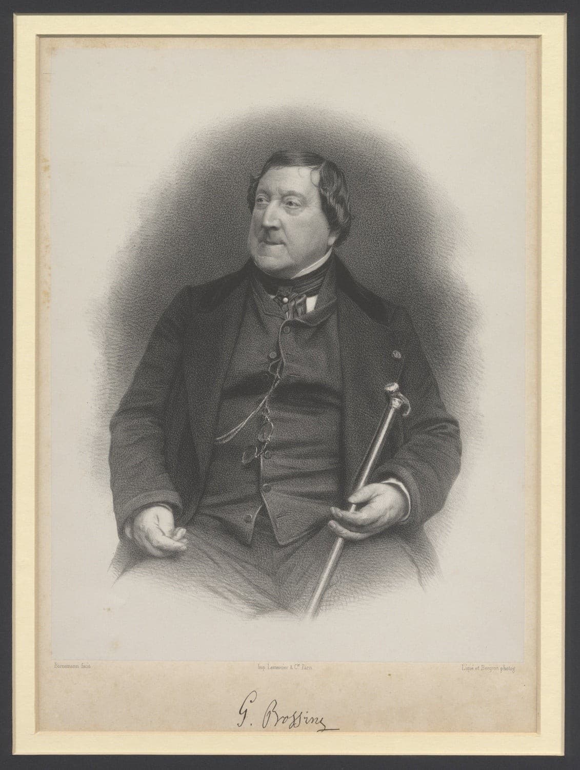 Gioachino ROSSINI / Fine large portrait lithograph by Bornemann after Signed