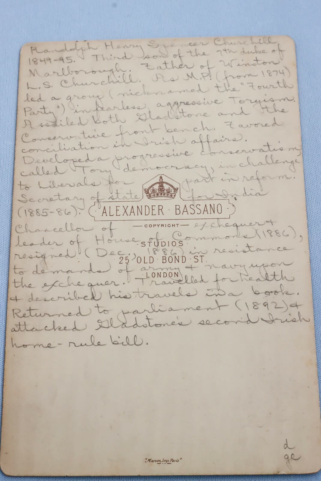 Rare Original Circa 1894 Photo on Card Lord Randolph Churchill  3