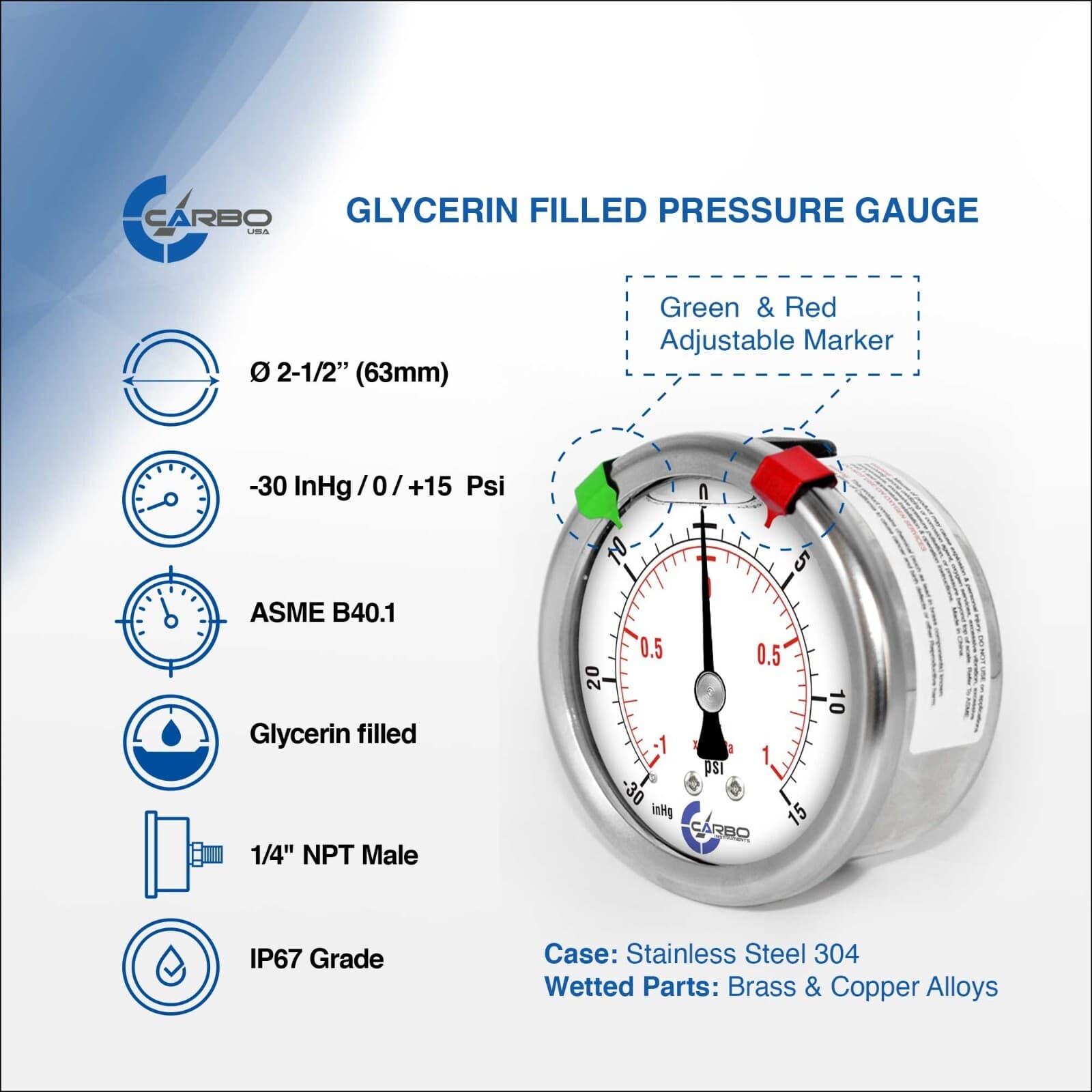 2.5" LIQUID FILLED COMPOUND VACUUM GAUGE +30 Hg/+15 PSI STAINLESS CASE BACK MNT 2