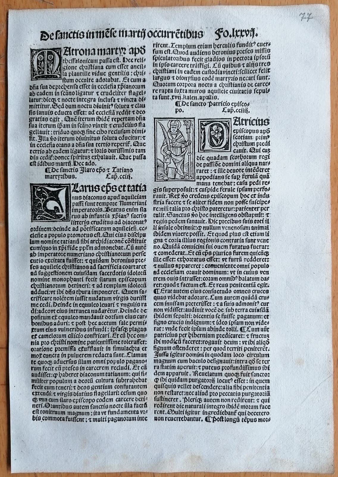 Saint Patricius - Post Incunable Woodcut Leaf P. Natalibus - 1508