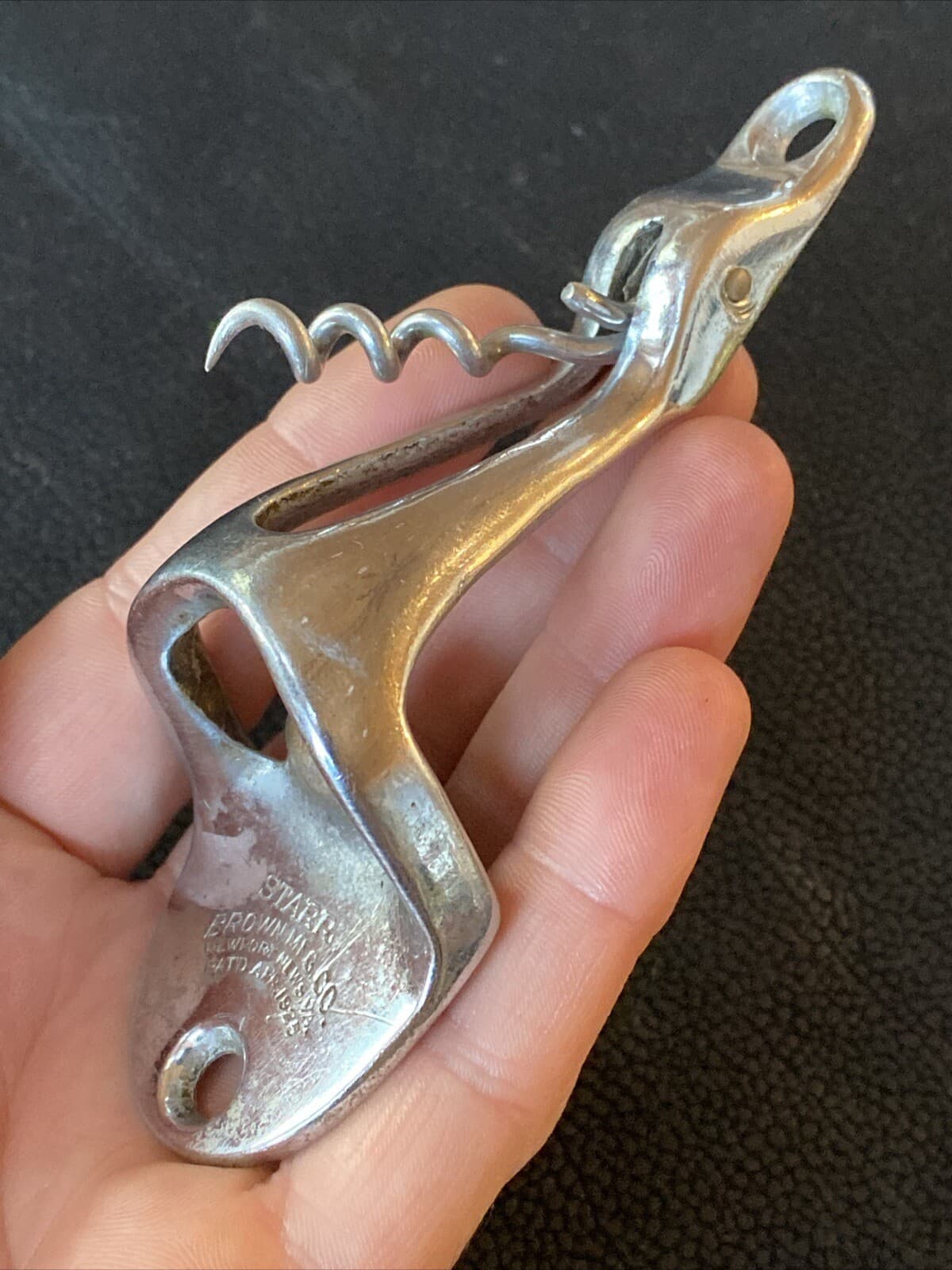 Starr Brown Mfg Co Pat Apr 1925 Wall Hang Bottle Opener Corkscrew Barware Chrome 5