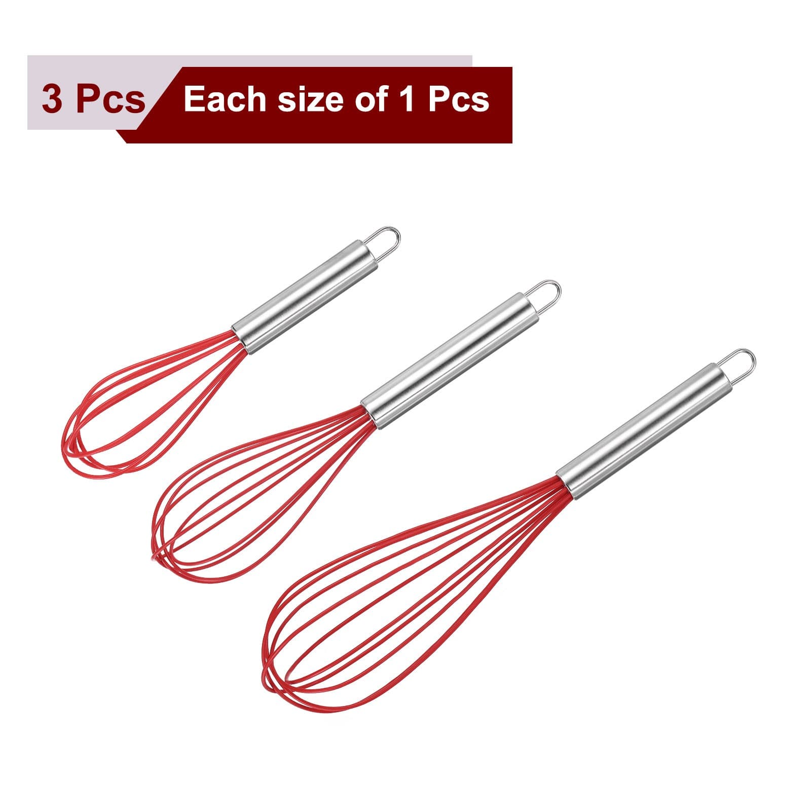 3Pcs Silicone Whisk 8" 10" 12" Kitchen Whisk Wire Whisks Beater Red 3