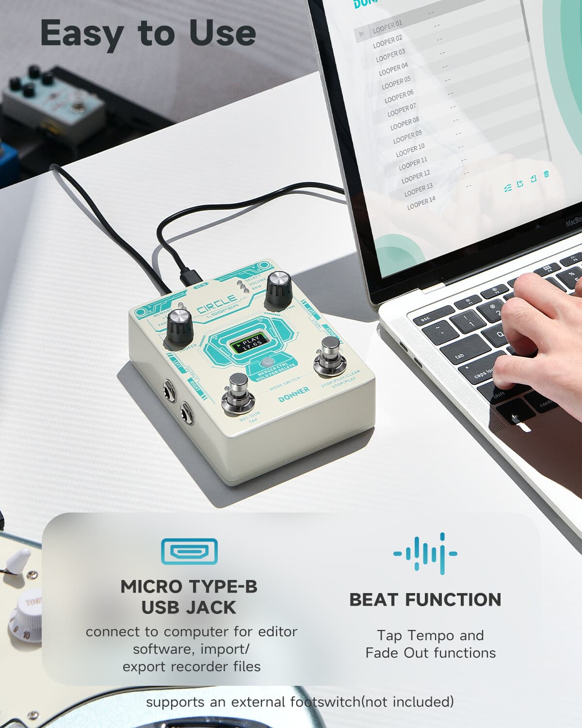 Donner Circle Looper Effect Pedal Drum Machine Tap 40 Slot 160 min Loop Time 4