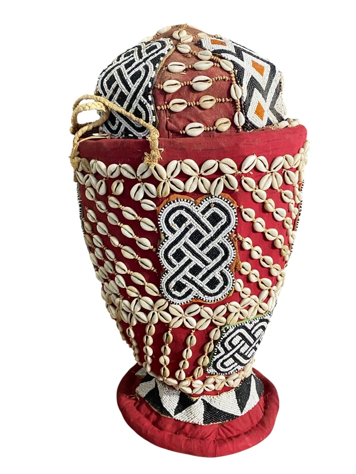 #1122 Vintage Large Kuba Royal Beaded Basket Congo 22" H 2