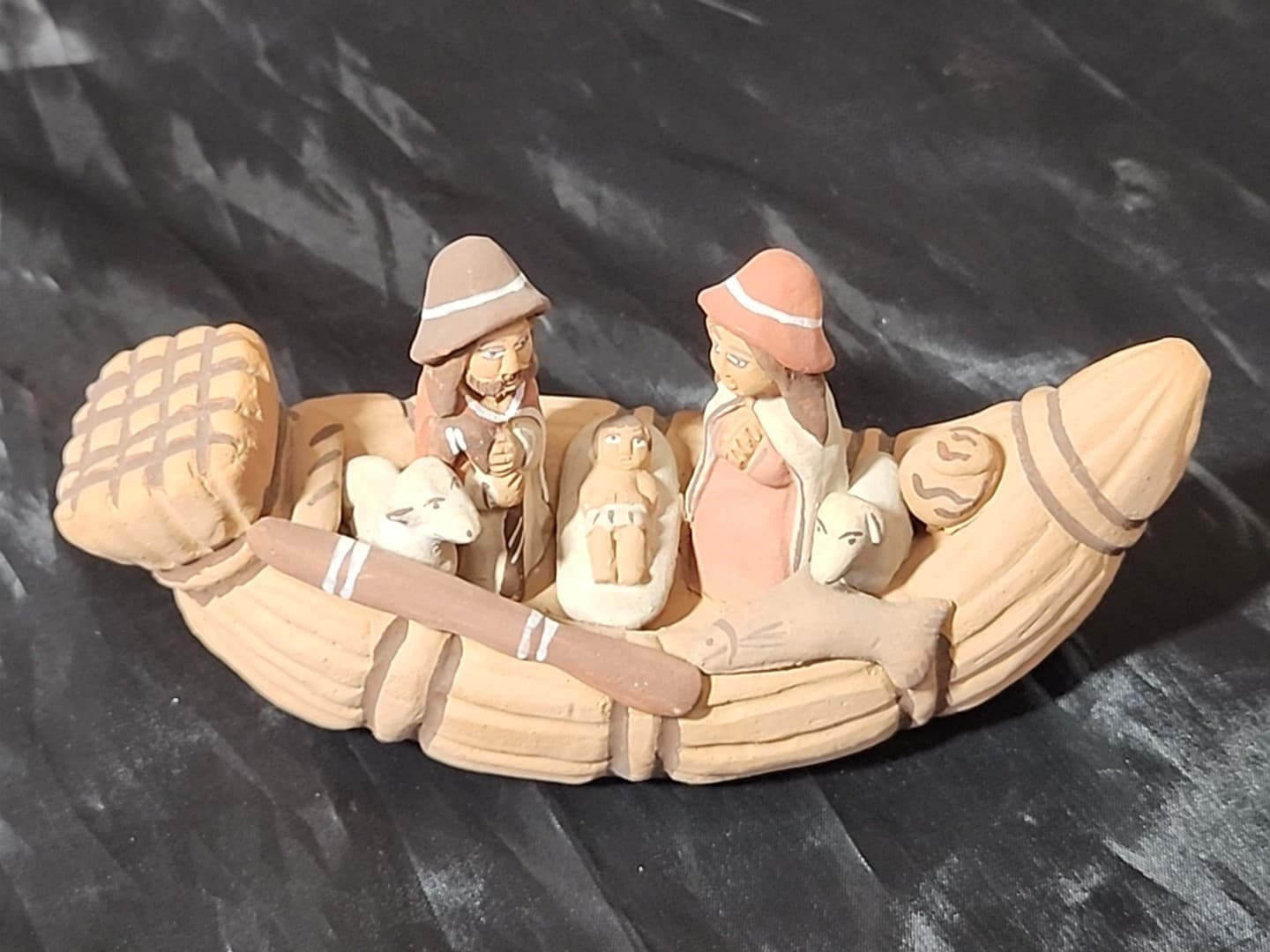Peru Nativity In Canoe/Boat In Clay Pottery