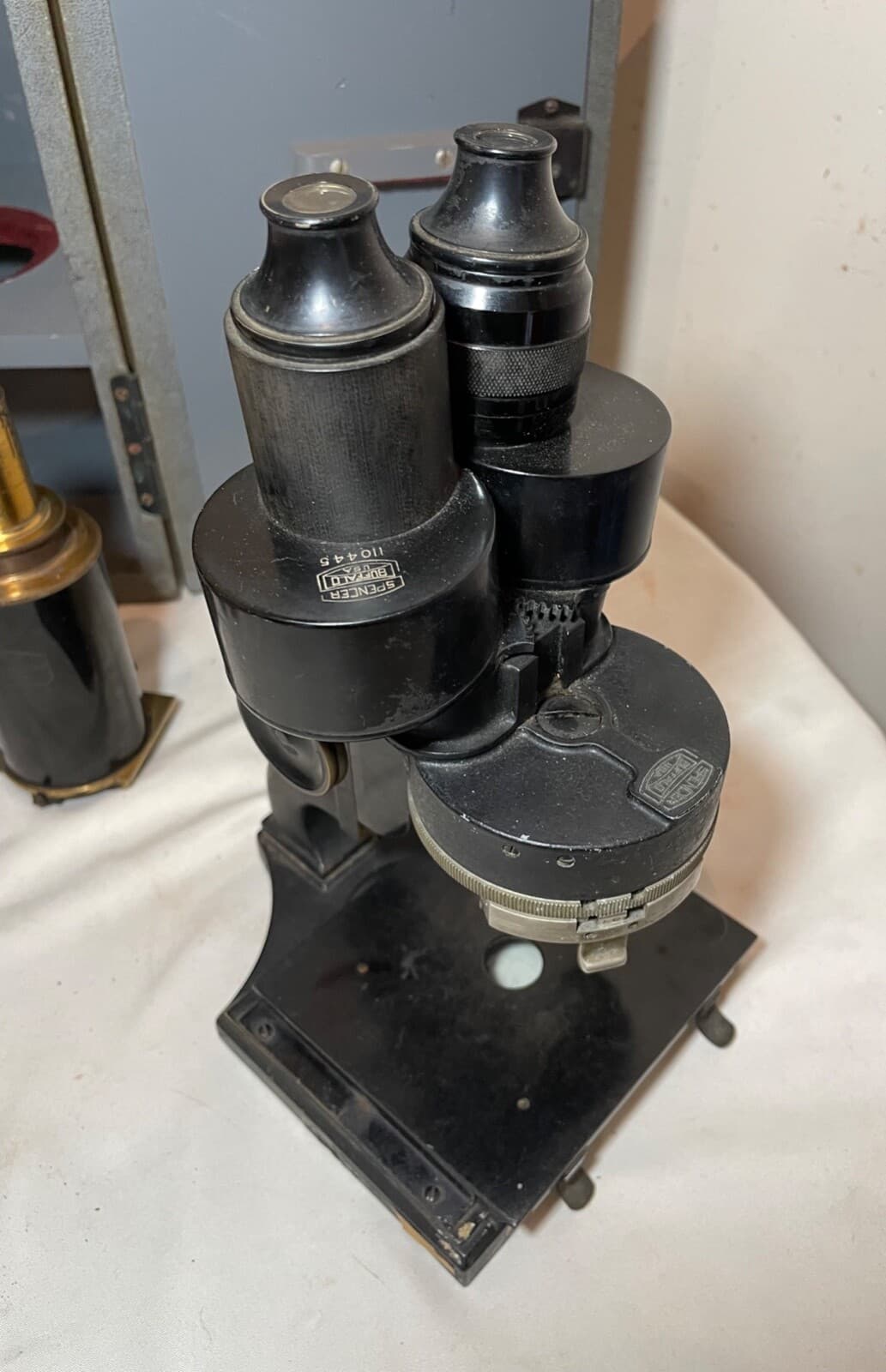 antique Carl Zeiss Spencer Buffalo binocular lab microscope brass attachments 3
