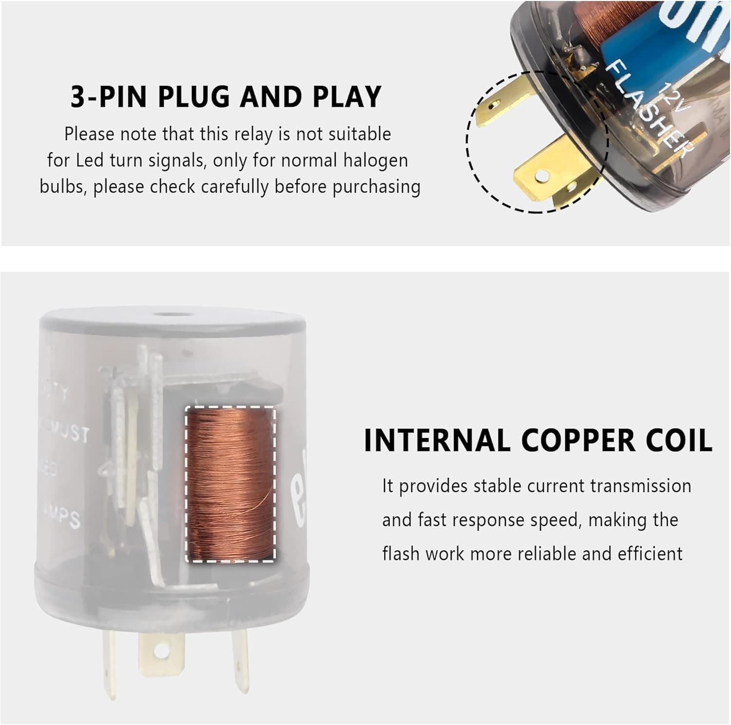 2PCS 12V Flasher Relay,Heavy Duty 3-Pin Turn Signal Relay,Two Prong Round Automo 3