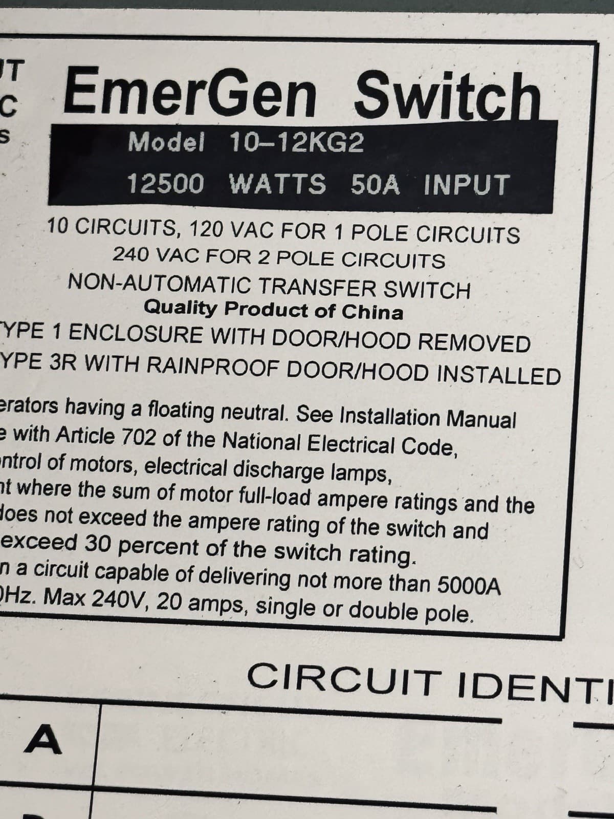 Connecticut Electric Emergen Transfer Switch - 50 Amp, 10-Circuit, 12500 Watts 3