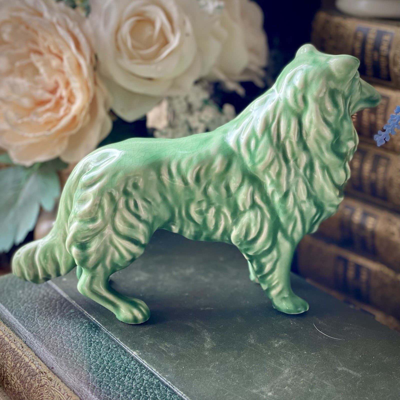 SylvaC Rough Collie Dog Green Figurine #1548 Vintage Excellent  4