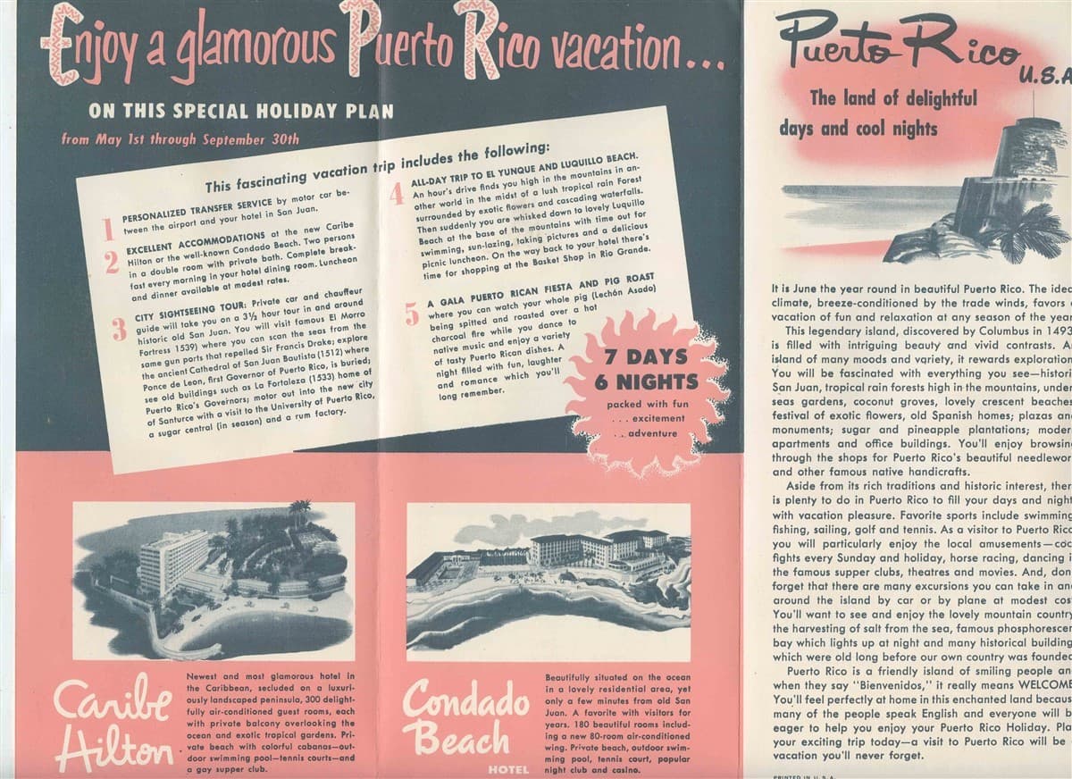 Condado Beach & Caribe Hilton Hotel Beautiful Puerto Rico Brochures 1950's 2