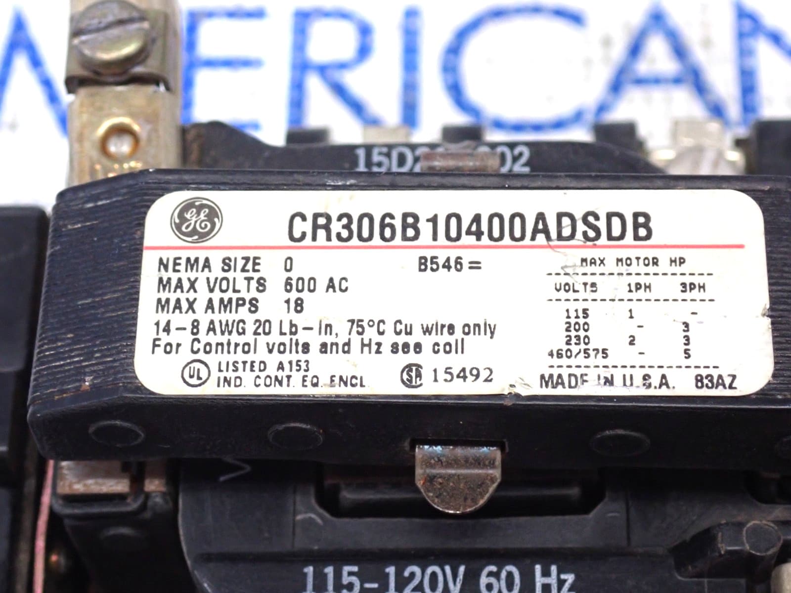 GE CR306B10400ADSDB Size 0 Starter 18 Amp 600 Volt Contactor 120 Volt Coil ST127 4