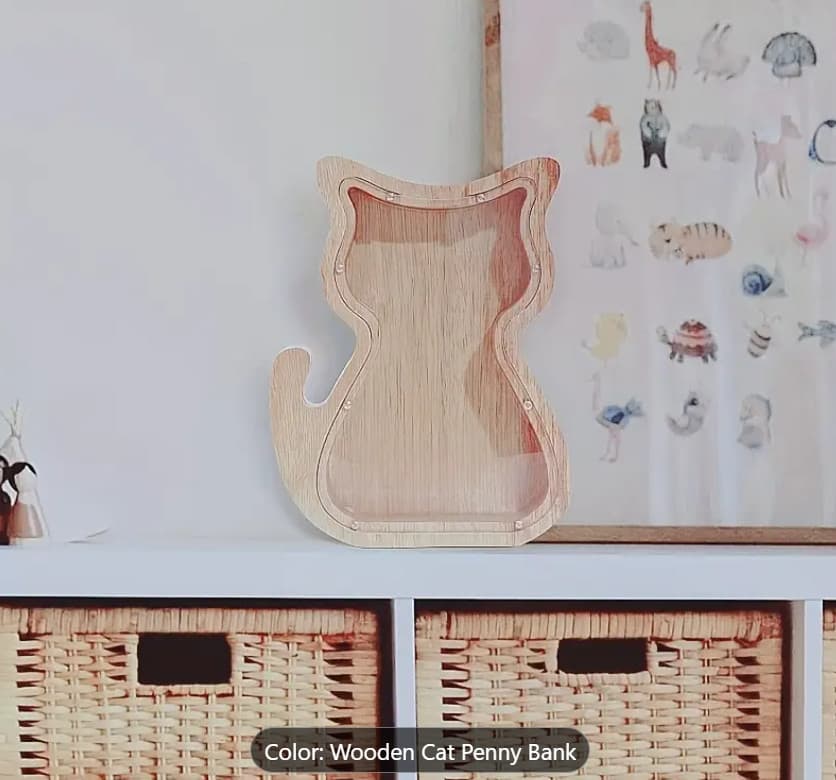 Wooden Cat-Animal Shaped Penny Bank with Clear Glass Lid Home Decor Gift 3