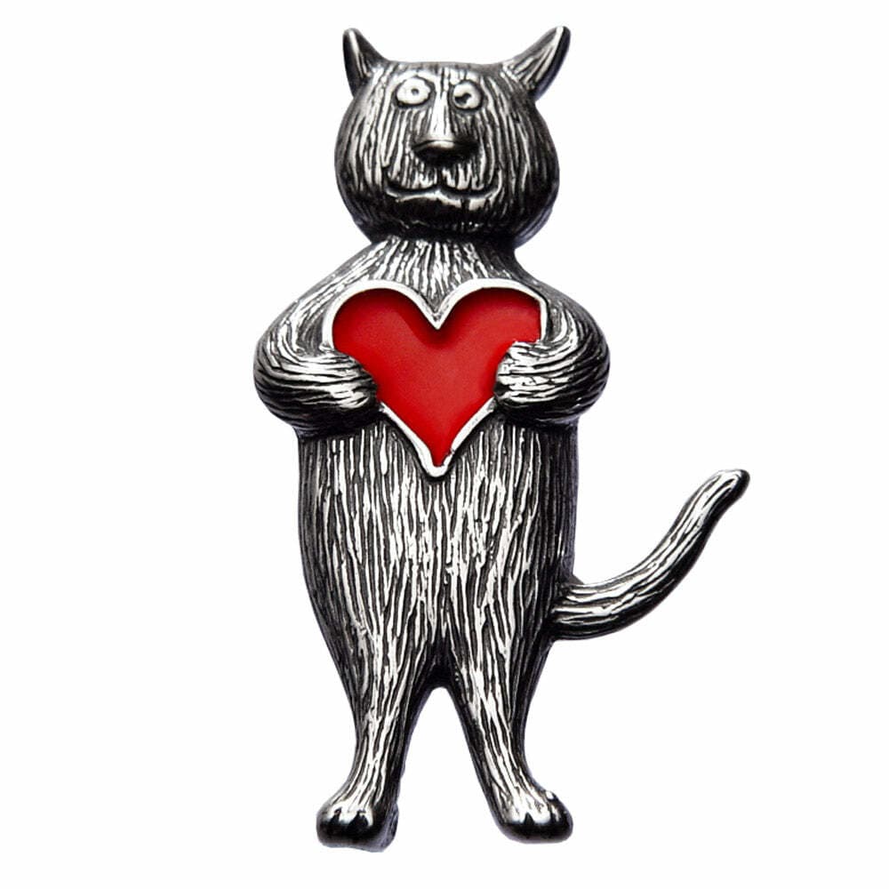 EDWARD GOREY SILVER JEWELRY - HEART CAT PIN / BROOCH - ENAMELED - VALENTINE