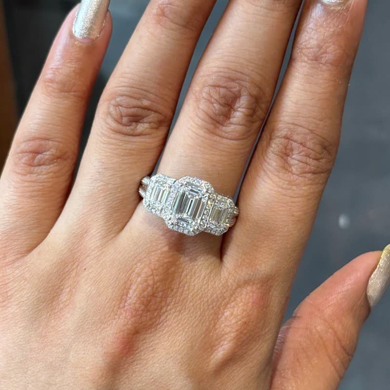 4.5Ctw Emerald Moissanite Halo Three Stone Engagement Ring 14k White Gold Plated 6