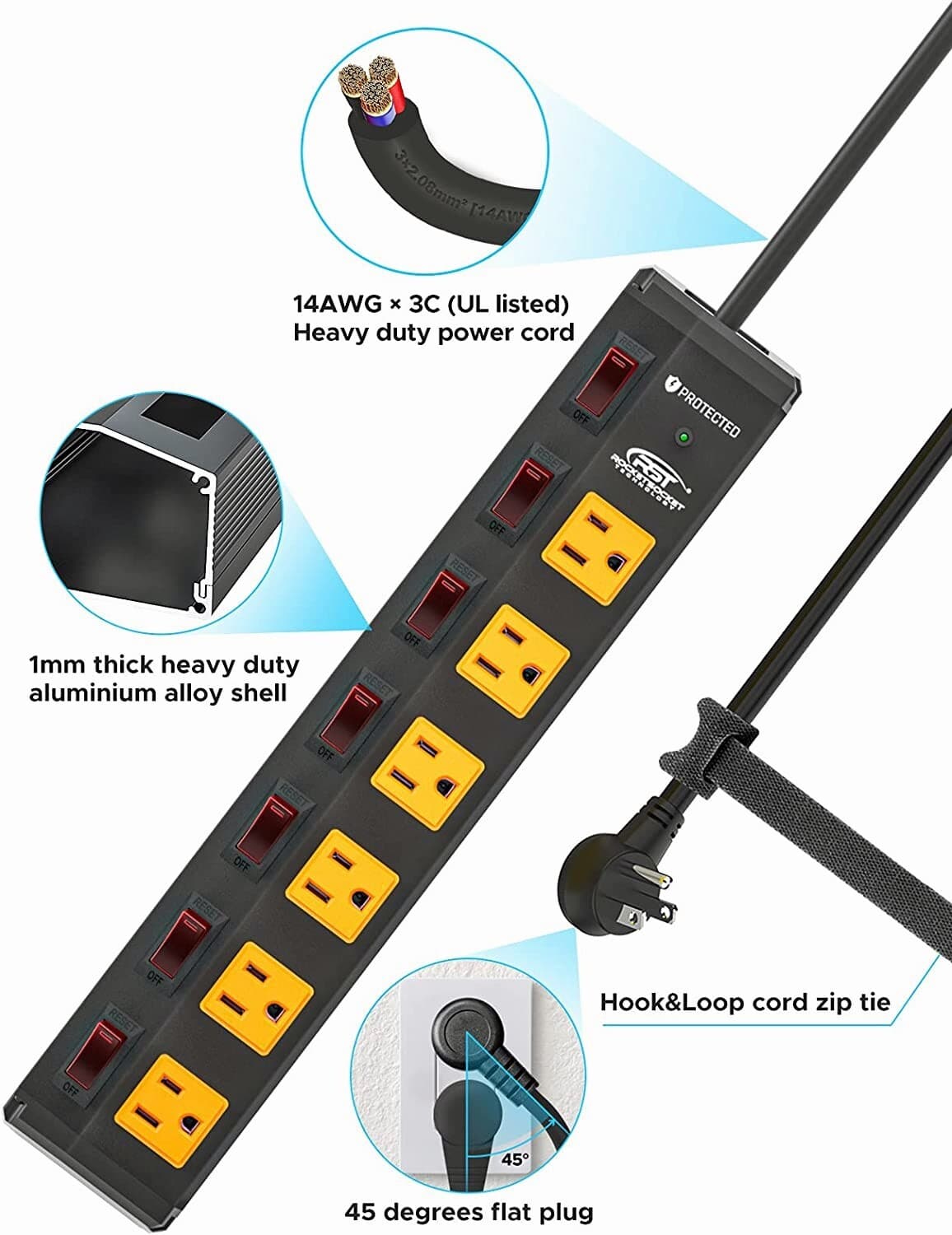 6 Outlet Heavy Duty Power Strips Surge Protector with Individual Switches 5