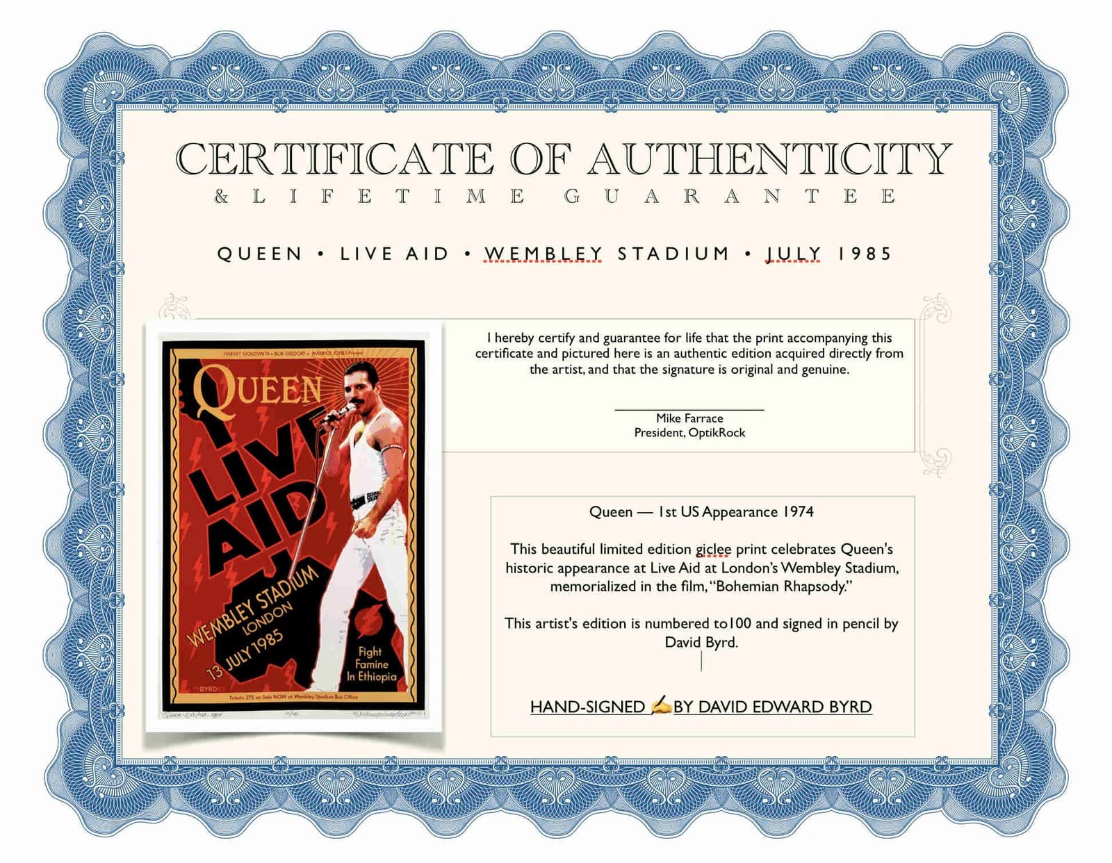 QUEEN Poster Live Aid 1985 Wembley Hand-Signed New Tribute David Byrd S/N COA 4